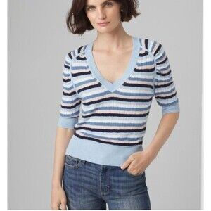 White House Black Market Striped V-Neck Shirred Sleeve Sweater Blue XL Cashmere